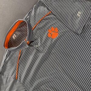 Clemson Tigers Shirt Men L Gray Orange Striped NCAA College Stretch Polo Russell